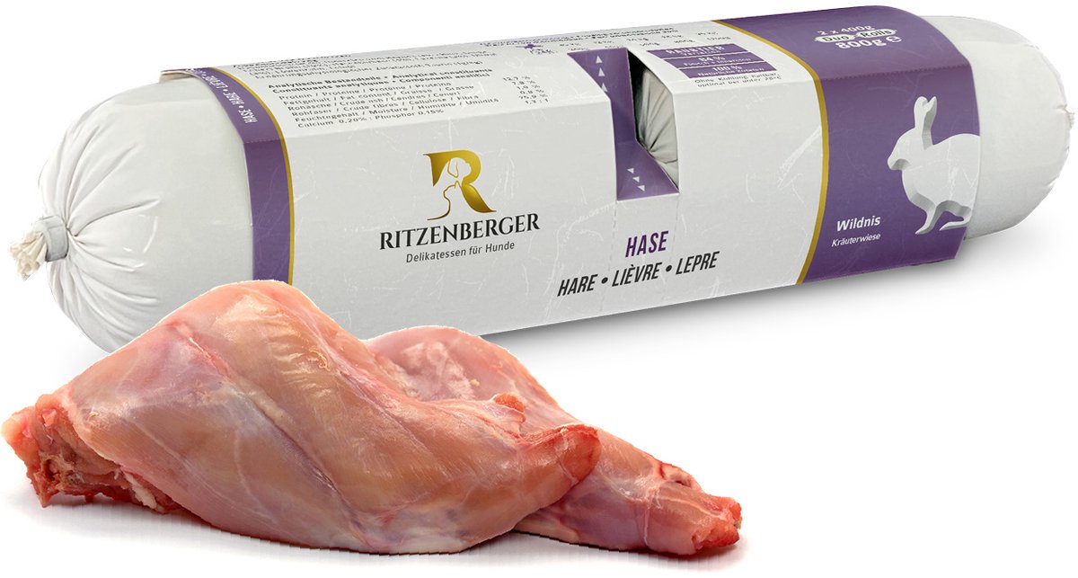Ritzenberger Wildnis Haas met Kruiden gestoomde worst. Doos 24 x 400. Totaal 9.6 kilo