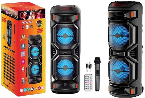 Bluetooth Party Speaker met LED Discolichten, Draadloze Microfoon, Bluetooth 5.0, USB, AUX, FM, Draagbaar