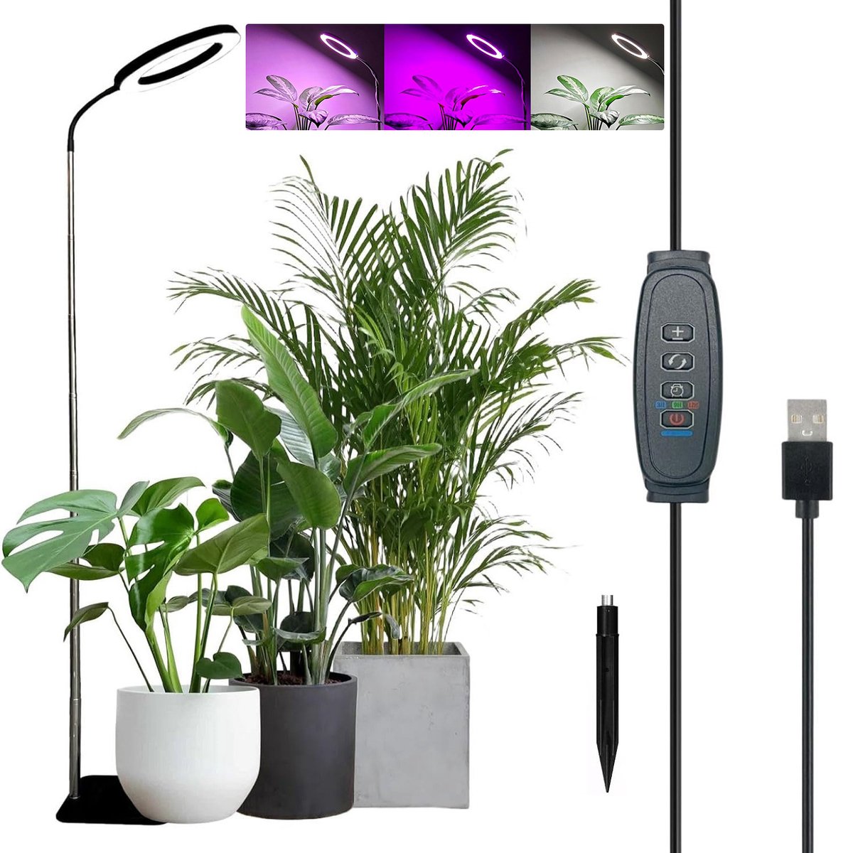 Rosnek LED Groeilamp Zwart - Full Spectrum Kweeklamp met Basis & Aardstok - 10-level Dimmen - 3/9/12H Timer - Hoogte Verstelbaar (25-155cm) - 72LEDs Voor Grote Binnenplanten