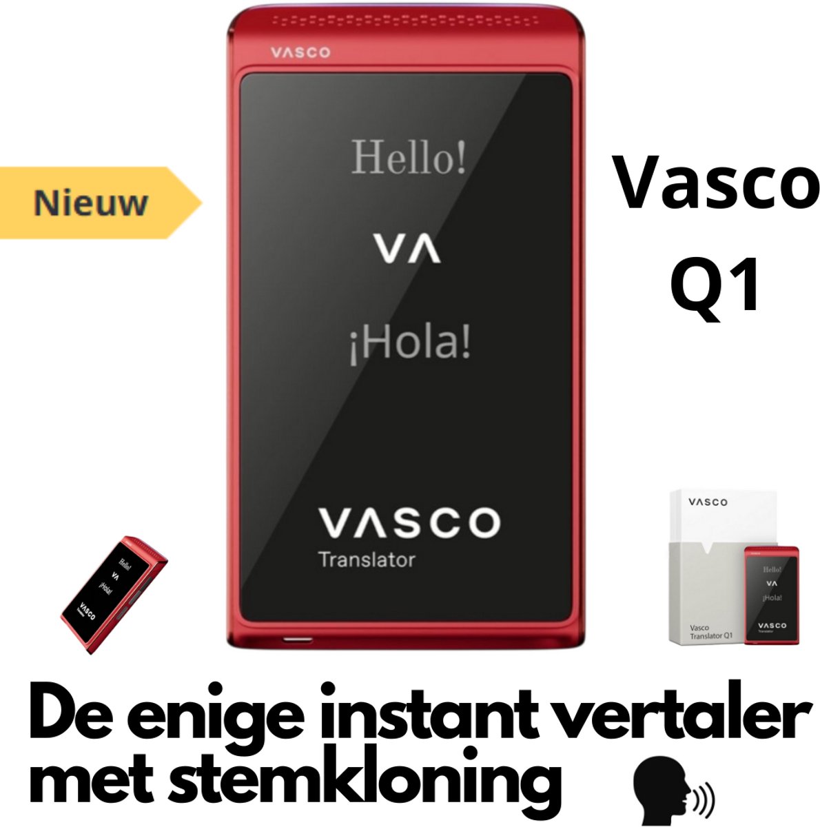 Vasco Q1 Scarlet Pulse AI vertaler Nieuw 2025 de enige instant translator met stemkloning telefoongesprekken en handsfree modus gratis Internet foto en telefoon Vertaler