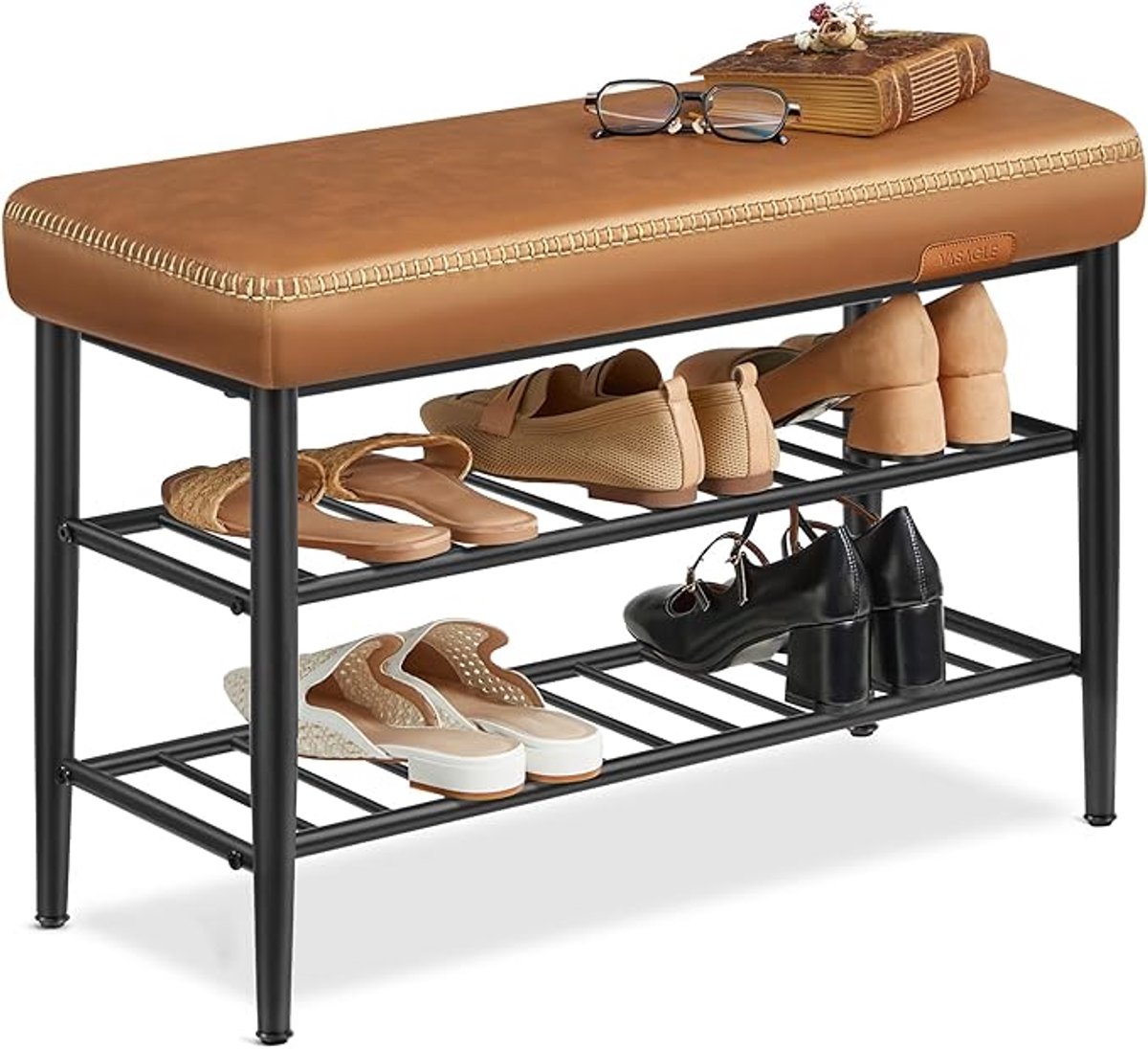 FurnStar Schoenenbank – Zitkist en Zitbank – Entreebank met Opbergruimte – Kunstleer met Stiksels – Jaren ’60 Moderne Stijl – Tot 135 kg – 30 x 80 x 50 cm – Bruin