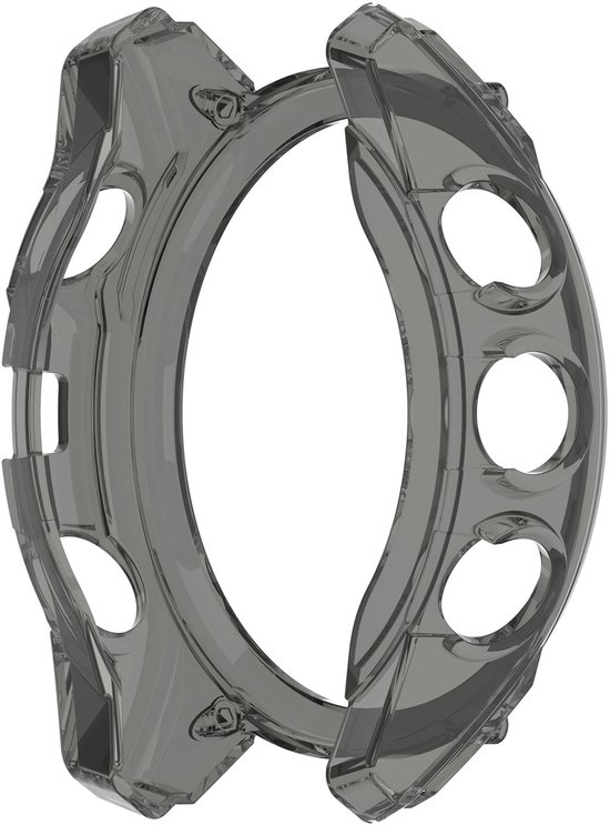Grijze transparante beschermhoes voor een sporthorloge, met uitsparingen voor knoppen en de sensor.