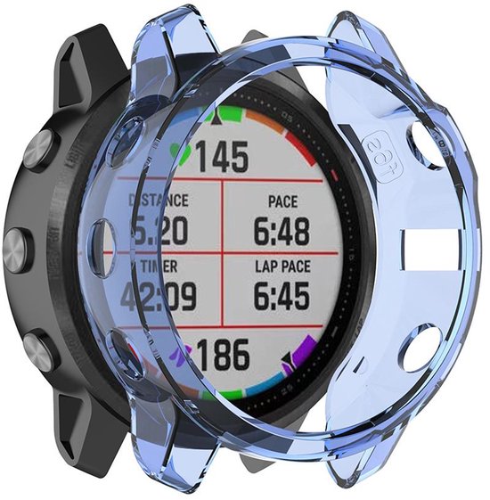 Blauw transparant TPU hoesje om een Garmin Fenix 6X smartwatch. Het scherm toont "145" en "6:48".
