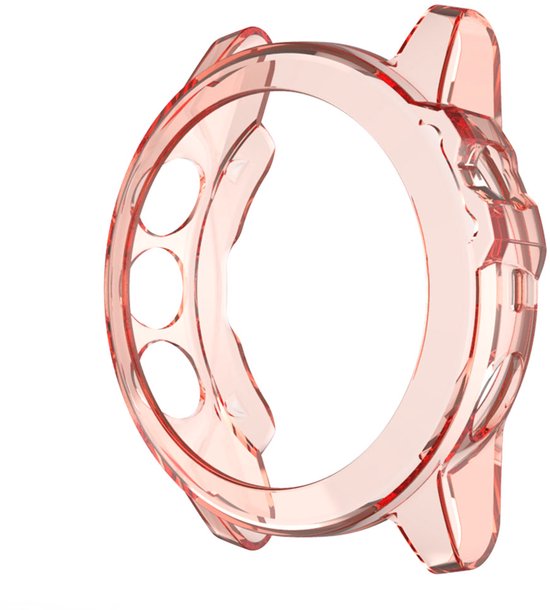 Transparant roze TPU hoesje voor een smartwatch, met uitsparingen voor knoppen.