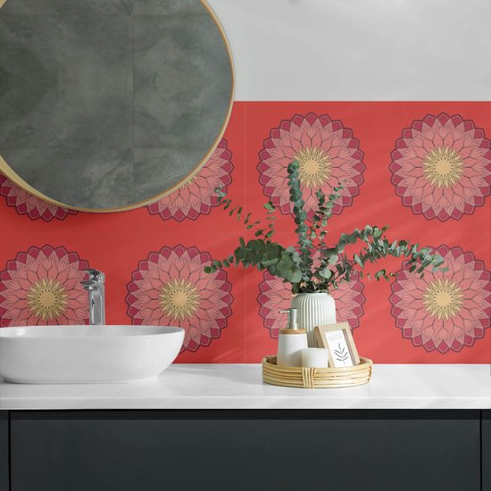 Wallfluent Vinyl Tegels - Bloemenmandalapatroon Zelfklevende PVC Tegels - 60 cm x 30 cm - Rood Vinyl Tegels - Verpakking van 6 stuks - Rechthoek PVC Tegels - Bloemen en Planten Plaktegels - Vinyl Vloer Tegels - Plaktegels Keuken en Badkamer