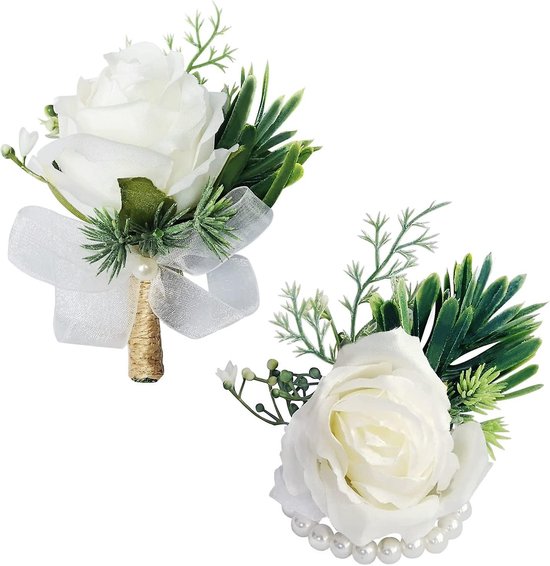 Corsage Witte JeiibrZui - Corsage de mariage - Roses en soie faites à la main, perles artificielles, feuilles vertes - 2 pièces - Pour mariages et occasions formelles