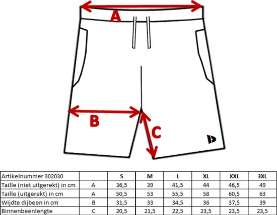 Maattabel voor Donnay sportshorts met afmetingen A, B en C.