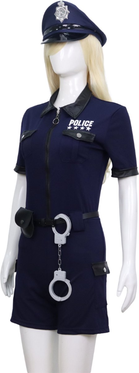 Joya Party® Verkleedpak Sexy Politie Agente Dames | Navy Blauwe stretch jumpsuit met leren details | Politiepet + Riem + Tasje + Handboeien | Verkleedkleding Volwassenen Halloween en Carnaval Vrouw | — afbeelding 13