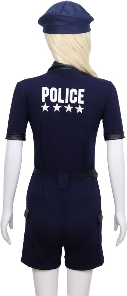 Joya Party® Verkleedpak Sexy Politie Agente Dames | Navy Blauwe stretch jumpsuit met leren details | Politiepet + Riem + Tasje + Handboeien | Verkleedkleding Volwassenen Halloween en Carnaval Vrouw | — afbeelding 15