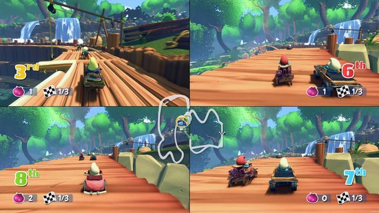 Vier smurfen racen in karts op een houten baan met watervallen. De score en positie zijn zichtbaar.