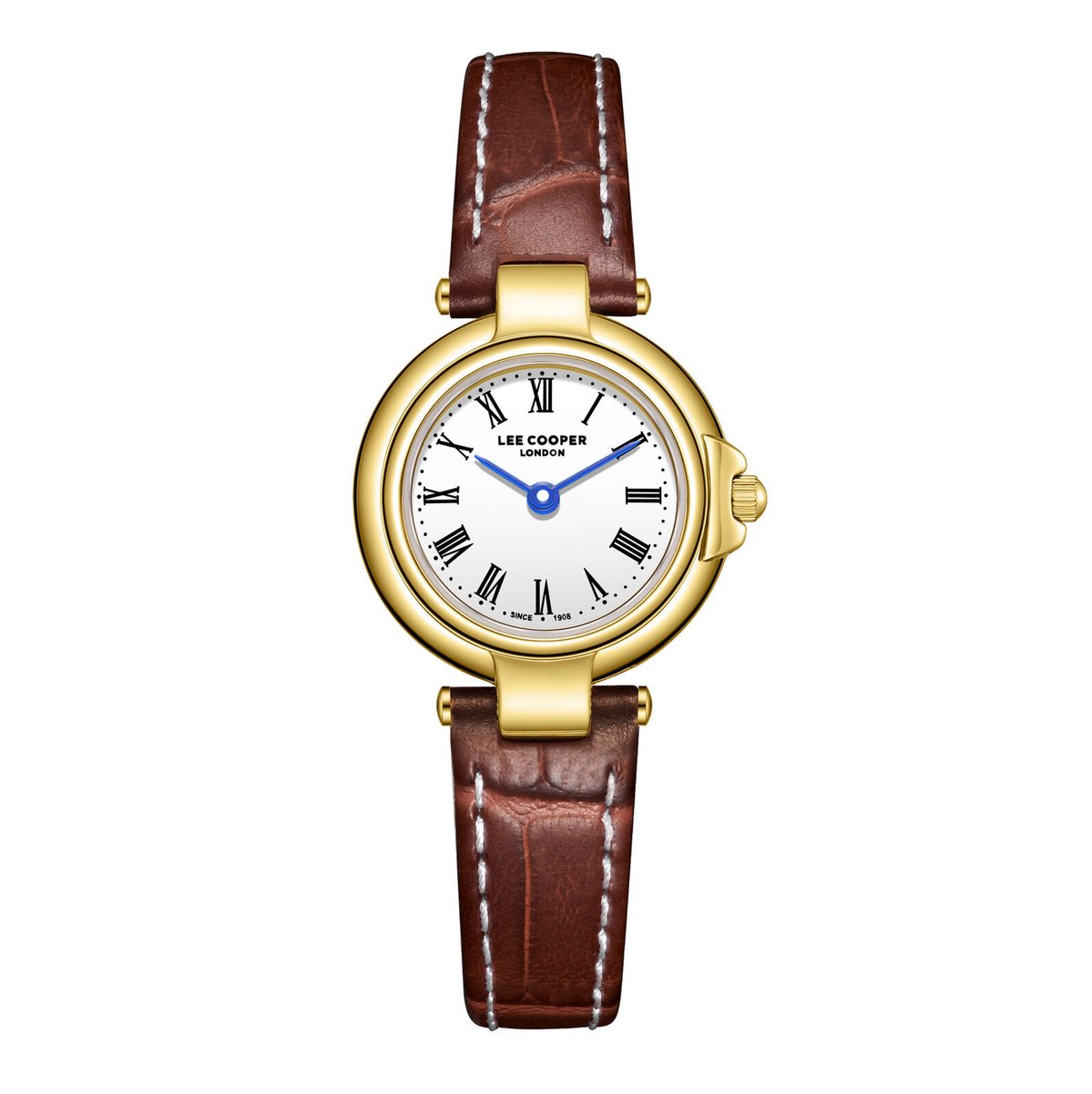 Lee Cooper LC08205.134 - Horloge - Polshorloge - Analoog - Dames - Vrouwen - Leren band - Metaal - Rond - Stippen - Romeinse cijfers - Bruin- Goudkleurig - Zwart - Wit - Donkerblauw