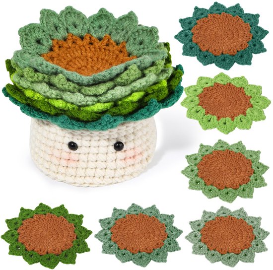 Kit de crochet - Set de 6 dessous de Sous-verres de Plantes - DIY débutant - Fils à coudre et crochet inclus - Idée cadeau Handgemaakt - Fils à coudre coloré
