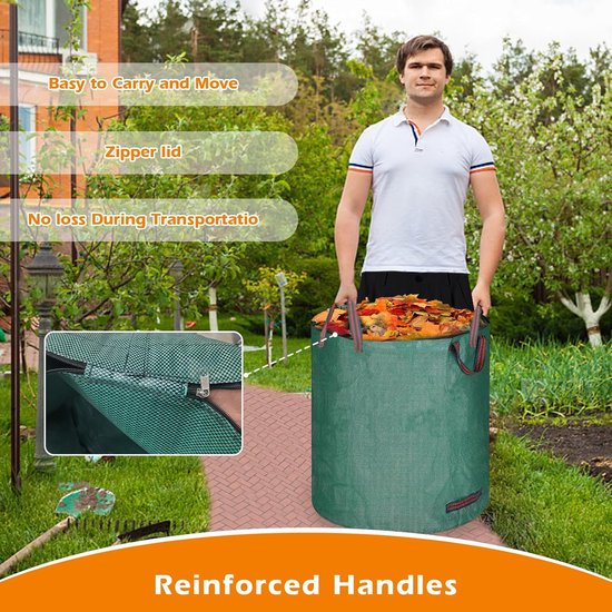 Tuinafvalzak met deksel en handgrepen - Set van 3 - 3 x 272 L - Tuinafvalzakken opvouwbaar - Tuinzak - Bladzak - Zelfstaand afvalzak - Tuinafvalemmer - Tuinafvalzak - Bladzakken - Tuinafvalzakken - Waterdicht - Herbruikbare - Groen — afbeelding 3