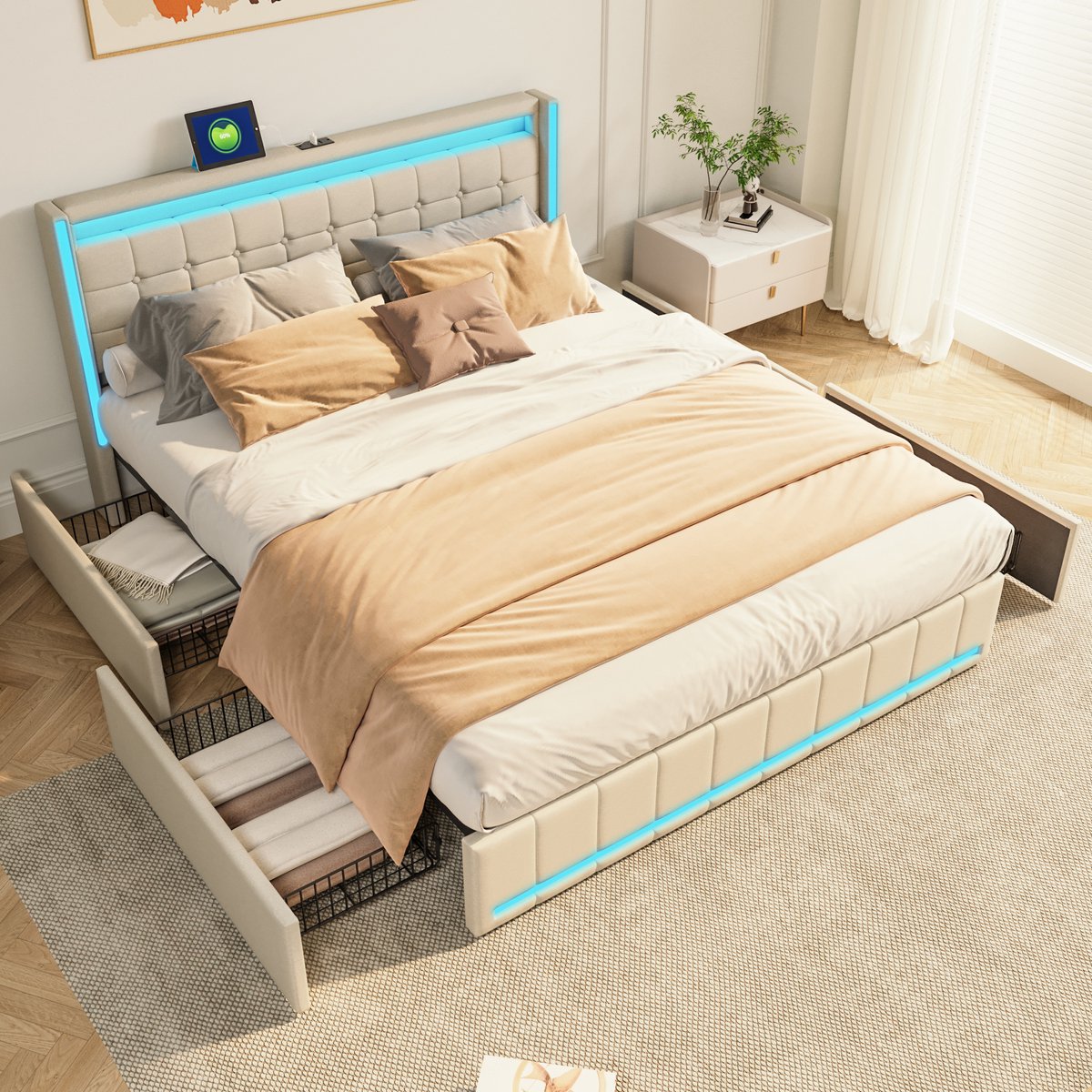 Gestoffeerd bed 140x190 cm met LED en USB, tweepersoonsbed met 4 laden, bedden met opbergruimte en lattenbodem, bedframe met rugleuning voor jongerenbed, zonder matras, linnen beige