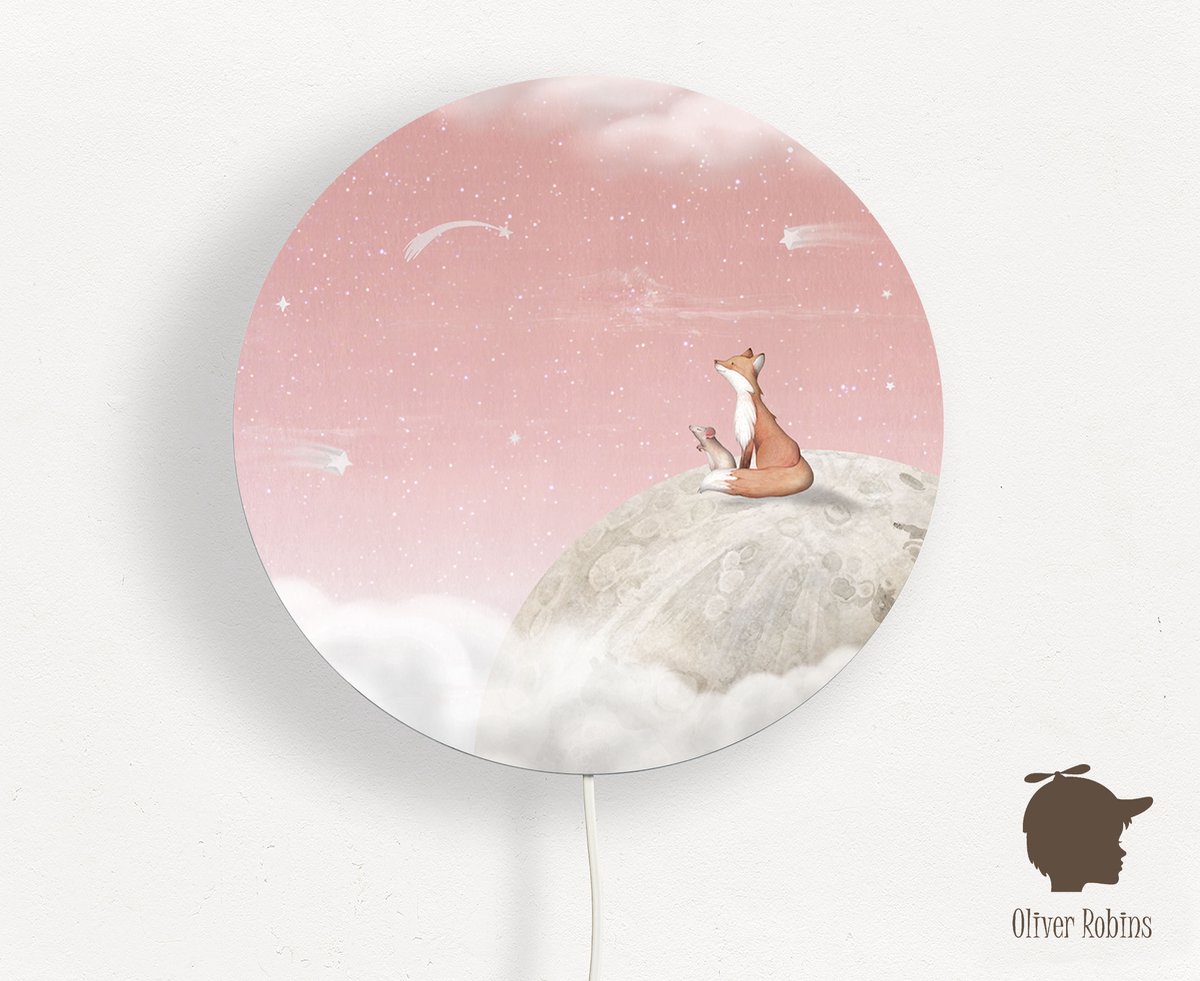Wandlamp rond Fox on the moon pink Oliver Robins-sfeerverlichting-kinderkamer-vos-maan-wandverlichting