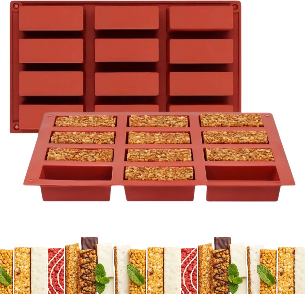 Bol.com Siliconen repen bakvorm - 12 rechthoekige holtes - Chocolade repen & Granola bars - Eiwitrepen - Gips & epoxy aanbieding