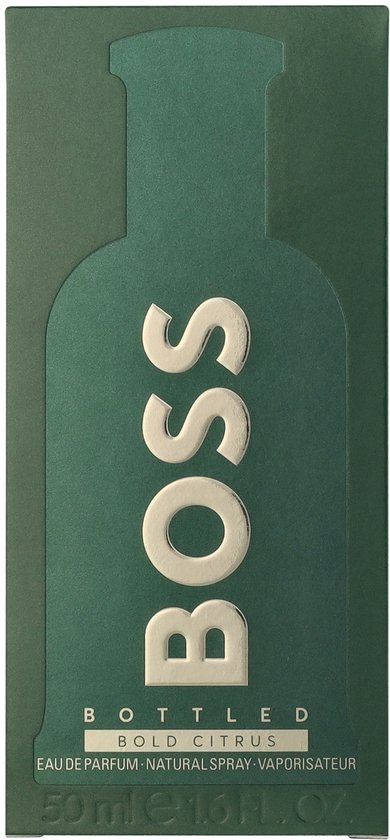 Hugo Boss Bottled Bold Citrus doos in flesvorm, groen met gouden letters. Inhoud 50 ml.
