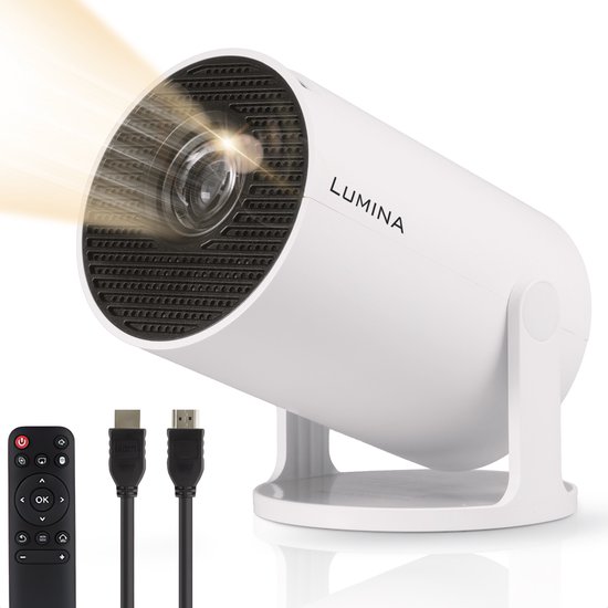 Lumina® Pro Mini Beamer 2025 – Smart Projector met 4K-ondersteuning – Voor iOS & Android - Android 14 - WiFi 6 & Bluetooth 5.4 – Thuisbioscoop – Wit