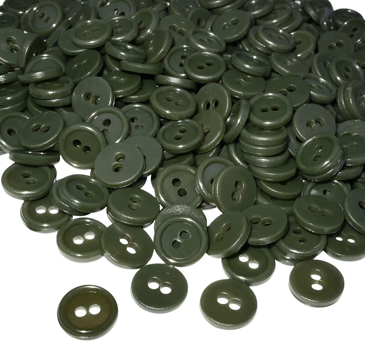 C56349 - Set met 100 ronde knopen Ã˜11,5x2,2 mm met 2 gaten - Kleur groen olijf - Van plastic - Opening Ã˜2 mm