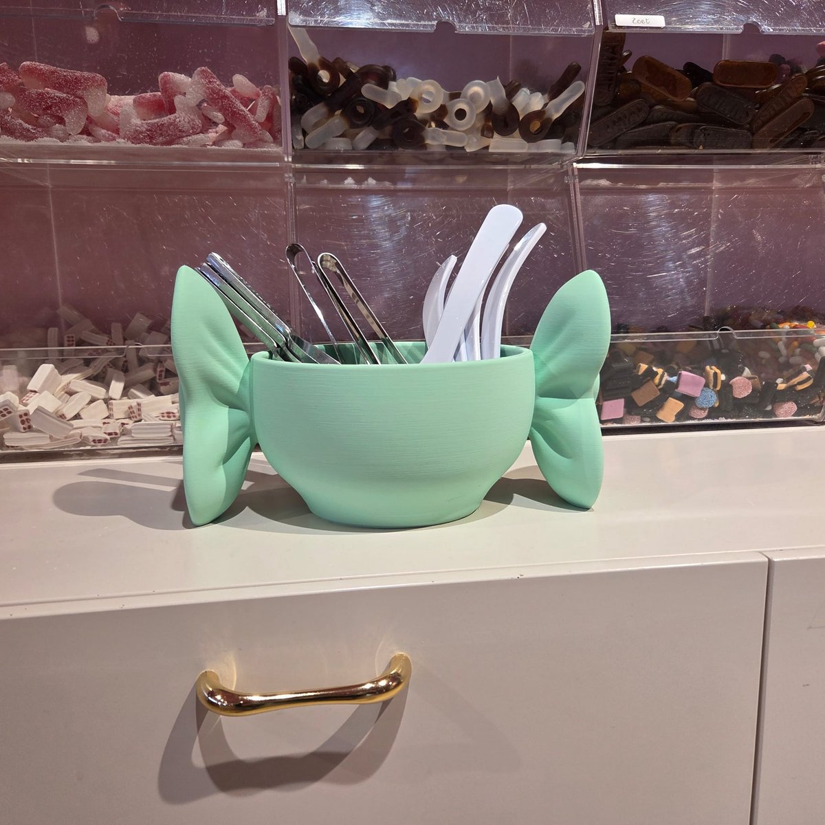 3D Geprinte Snoepbak met Strik – Mintgroene PLA Kom – Uniek Design – Decoratie – Snoep