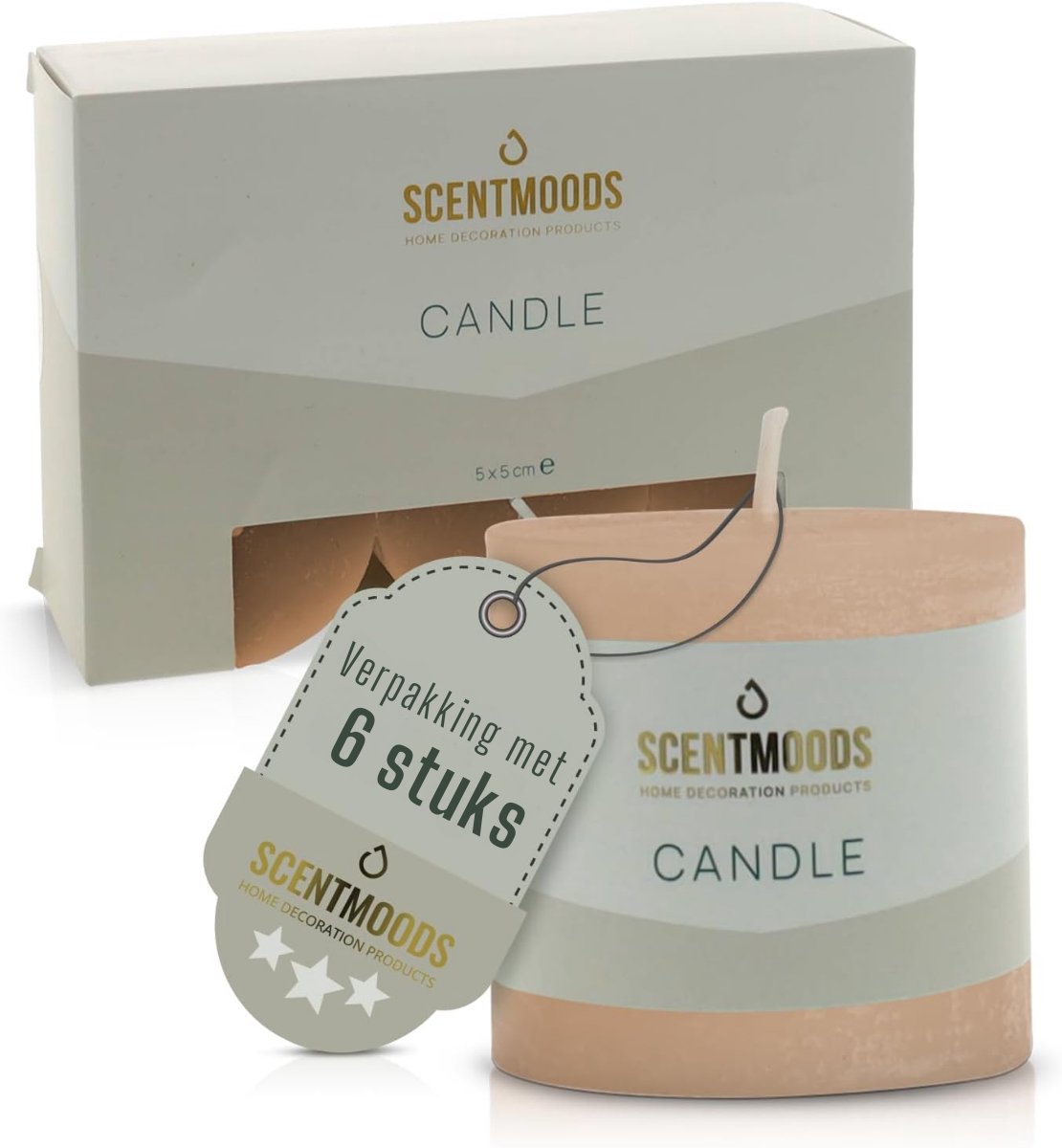Scentmoods - Stompkaars - Rustieke Kaarsen - Set van 6 - Kaars - Taupe - 5x5cm