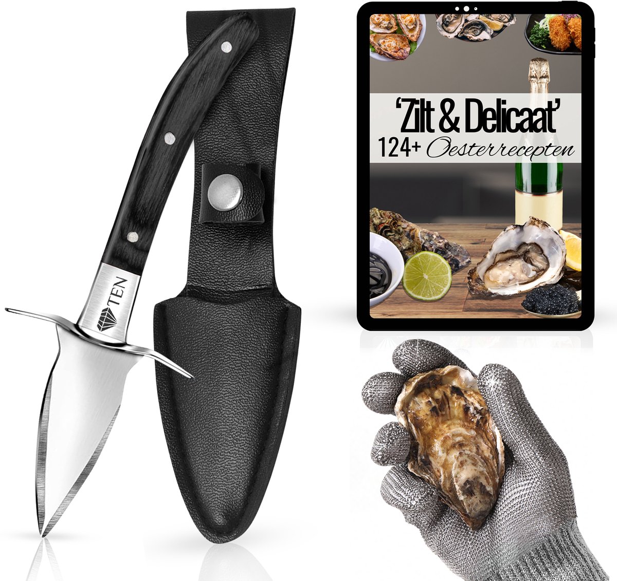 TEN® Signature Oestermes 2.0 - RVS Inclusief Oesterhandschoen en 124 Oesterrecepten eBook - Zwart