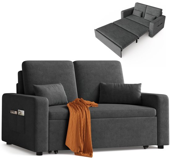 Xbro 2-zits Slaapbank – 3-in-1 Opvouwbare Slaapstoel en Bankstel met Verstelbare Rugleuning – Comfortabele Zetel en Tweepersoonsbed voor Woonkamer, Slaapkamer of Logeerkamer-Donkergrijs