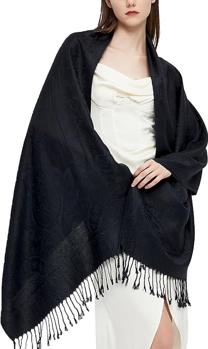 Pashmina sjaal wrap met etnische paisley Two Tone Jacquard sjaal voor dames - lengte 180 cm met franjes (10 cm franjes aan elke kant), breedte: 60 cm - paisley-zwart