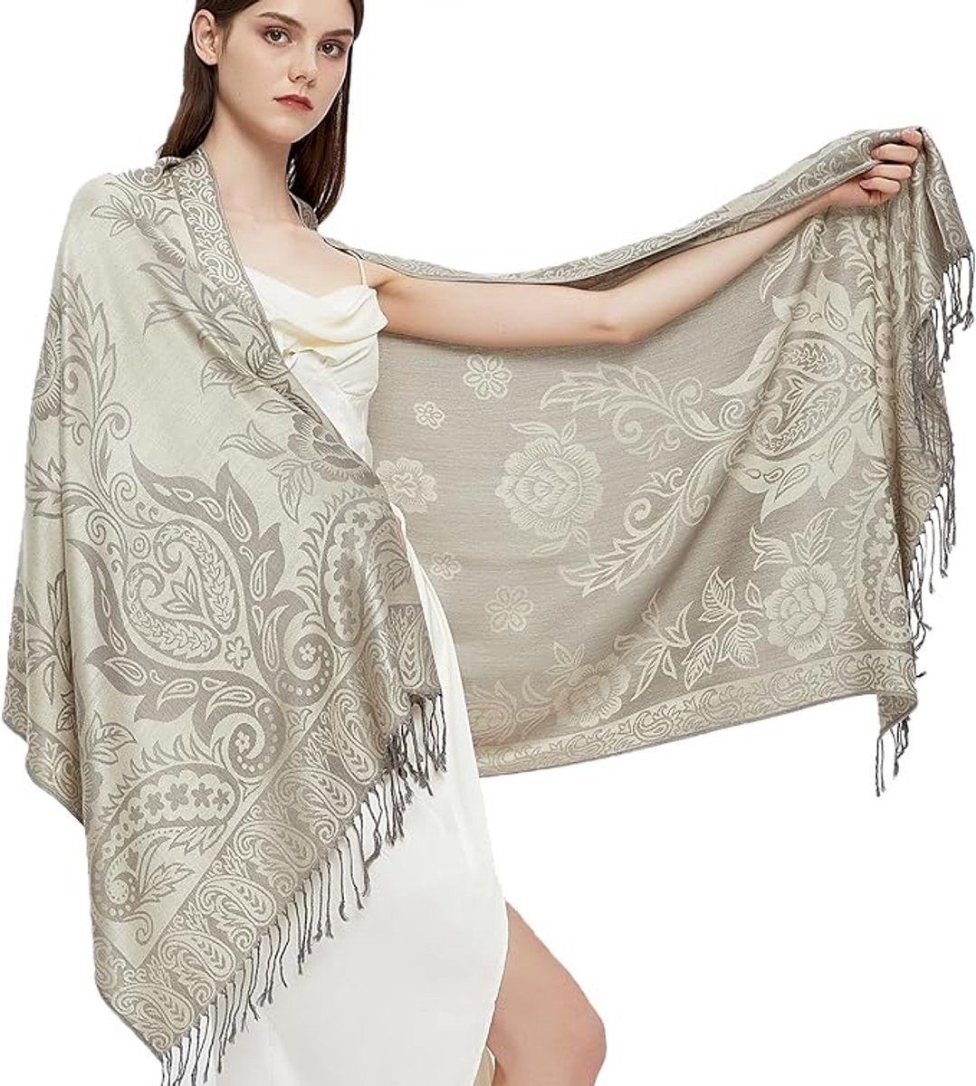 Pashmina sjaal wrap met etnische paisley Two Tone Jacquard sjaal voor dames - lengte 180 cm met franjes (10 cm franjes aan elke kant), breedte: 60 cm - paisley crème