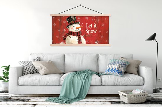 Posterhanger incl. Poster 120x60 cm - Schoolplaat - Sneeuwpret - Winter - Sneeuwpop - Textielposter - Blanke latten