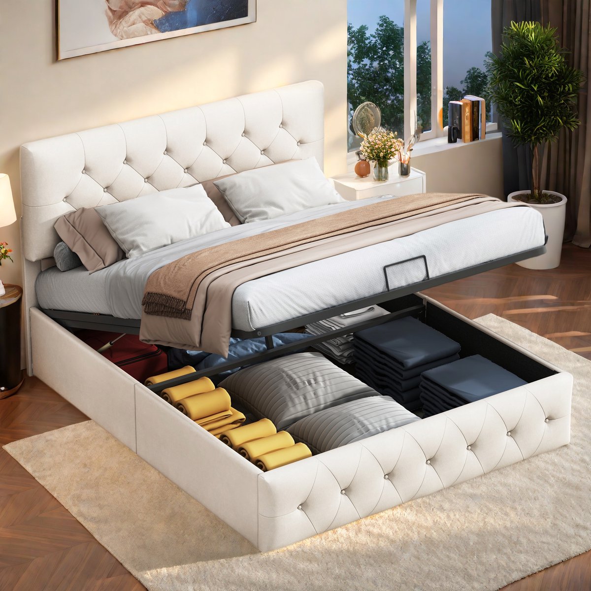 ROSAHQNDA Gestoffeerd bed 140x200cm, slaapkamerplatformbed met hydraulische lift, opbergbox, tweepersoonsbed, jeugdbed, beige fluwelen hoofdeinde, gestoffeerd bedframe met lattenbodem, zonder matras (verzendkosten: 2 pakketten splitsen)