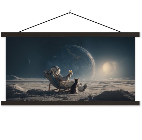 Posterhanger incl. Poster 150x75 cm - Schoolplaat - Maan - Kat - Astronaut - Ruimte - Textielposter - Zwarte latten