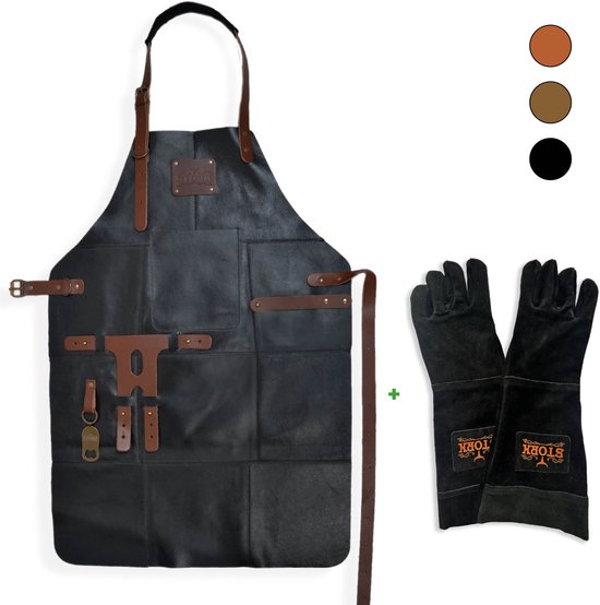 Leren BBQ Schort + Leren Handschoenen – Zwart Echt Leer – 2 Jaar Garantie – Premium & Stoer Kookschort voor Mannen – Barbecue Schort met Grote Zak, Handdoeklus & Flesopener – Perfect Cadeau voor Vaderdag, Kerst of Verjaardag