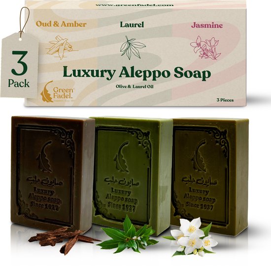 Set 3 pièces de savon Aleppo GREEN FADEL (Luxe), Laurier, Oudh et Ambre, Jasmin, Savon Aleppo Huile d'Olive et Huile de Laurier, Savon à l'Huile d'Olive, Savon Naturel, Savon Aleppo de Luxe, pour le Visage et le Corps