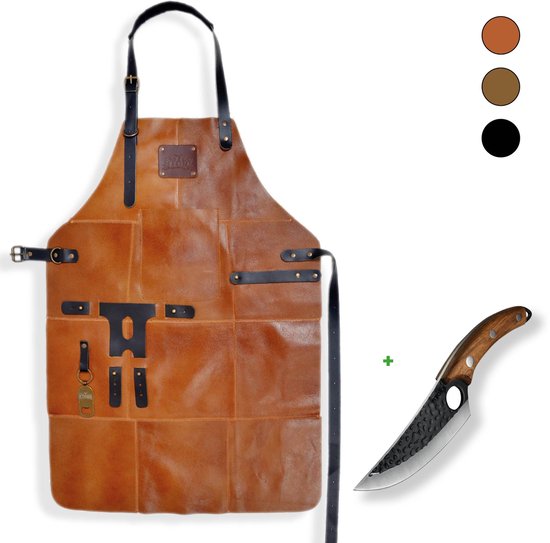 Tablier de BBQ en cuir STORX + couteau de boucher Handgemaakt – Cuir véritable marron clair – Garantie 2 ans – Ensemble barbecue avec couteau en acier carbone (27,6 cm) et tablier de cuisine de Luxe (81 x 56 cm) – Cadeau idéal pour homme