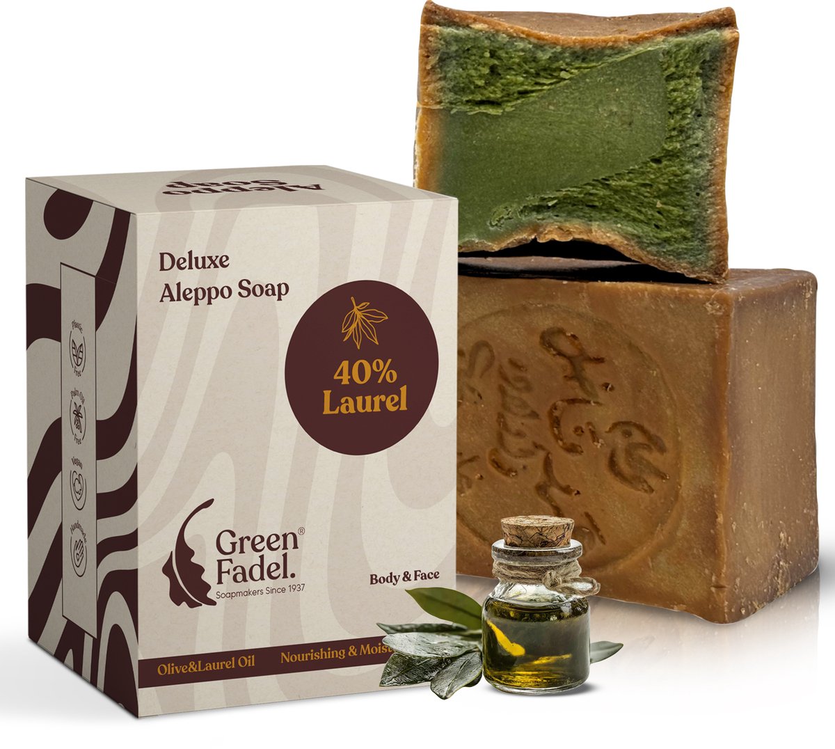 GREEN FADEL Aleppo Zeep 40% Laurierolie 60% Olijfolie - 1 x 200g - Handgemaakt - Natuurlijke Zeep