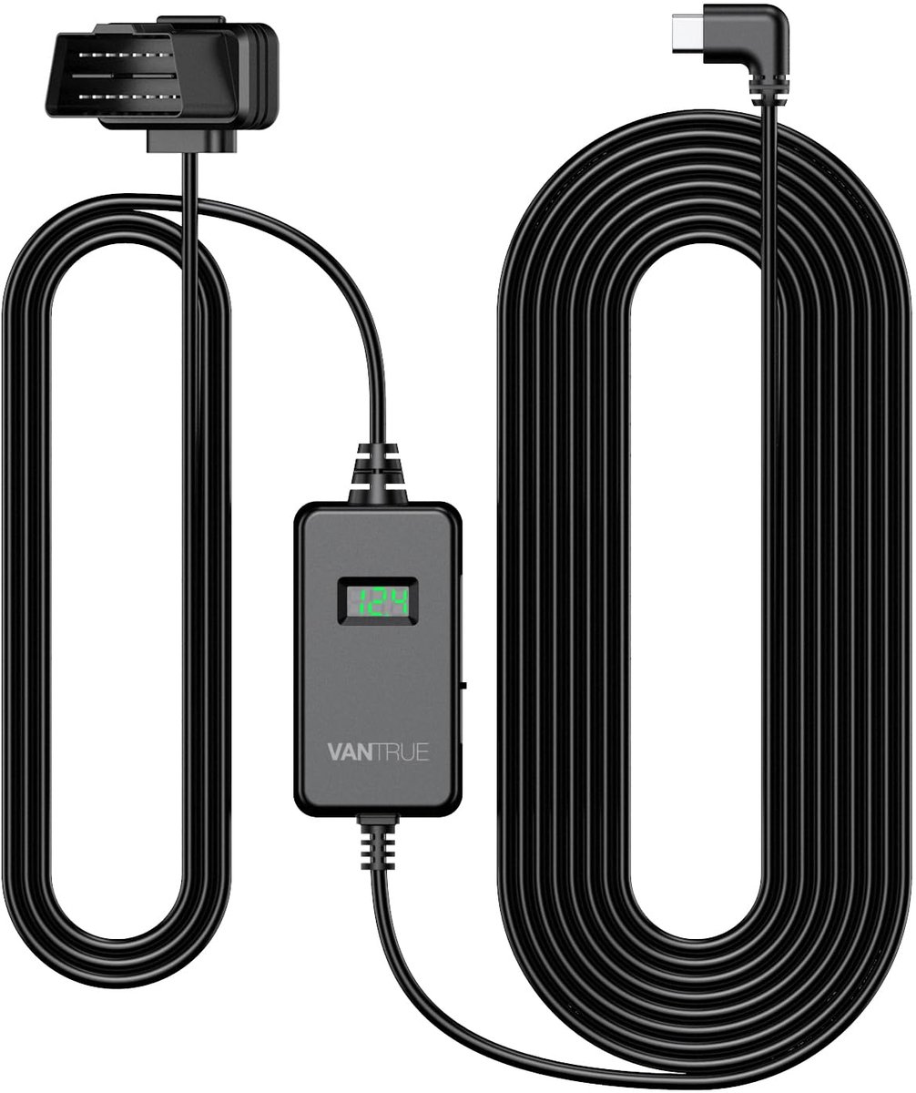 VANTRUE 10ft Type C USB OBD-naar-vaste bedrading Stroomkabel met LED-scherm, 3 Versnellingsstanden, Spanningsbeveiliging voor Parkeerstand, voor E1 Pro, N4 Pro, N5, N5S, N4, N4S, S1 Pro, N2 Pro, N2X, E360/ACE, E1 Lite, E2, E3 Dashcam