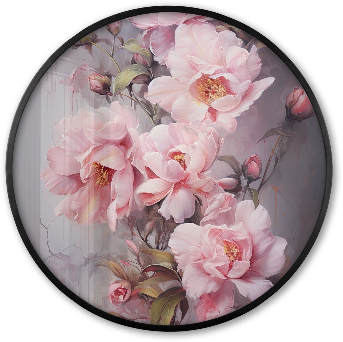 FrameYourWall Poster in lijst Rond - Fotolijst 60x60 cm - Posters - Rozen - Bloemen - Roze - Kunst - Watercolor - Ronde posterlijst zwart - Decoratie - Wanddecoratie woonkamer - Muurdecoratie slaapkamer