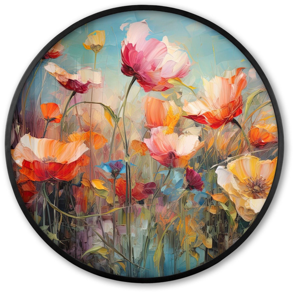 FrameYourWall Poster in lijst Rond - Fotolijst 60x60 cm - Posters - Bloemen - Watercolor - Kunst - Botanisch - Natuur - Ronde posterlijst zwart - Decoratie - Wanddecoratie woonkamer - Muurdecoratie slaapkamer Klaprozen - Kunst