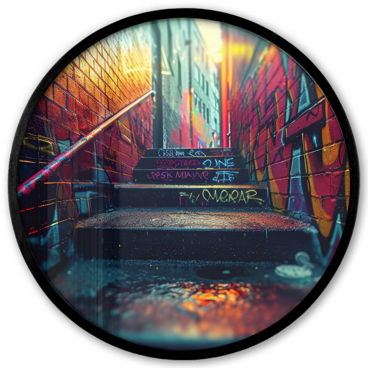 FrameYourWall Poster in lijst Rond - Fotolijst 40x40 cm - Posters - Architectuur - Neon - Trap - Graffiti - Ronde posterlijst zwart - Decoratie - Wanddecoratie woonkamer - Muurdecoratie slaapkamer Graffiti - Trap