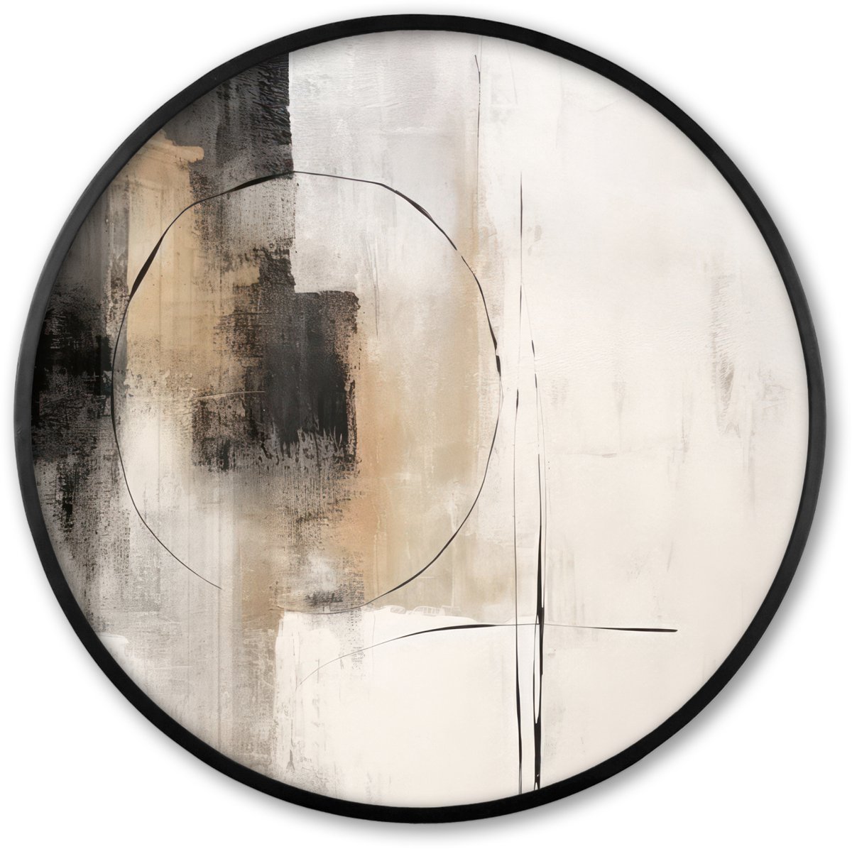 FrameYourWall Poster in lijst Rond - Fotolijst 60x60 cm - Posters - Kunst - Abstract - Grijs - Industrieel - Ronde posterlijst zwart - Decoratie - Wanddecoratie woonkamer - Muurdecoratie slaapkamer Beige