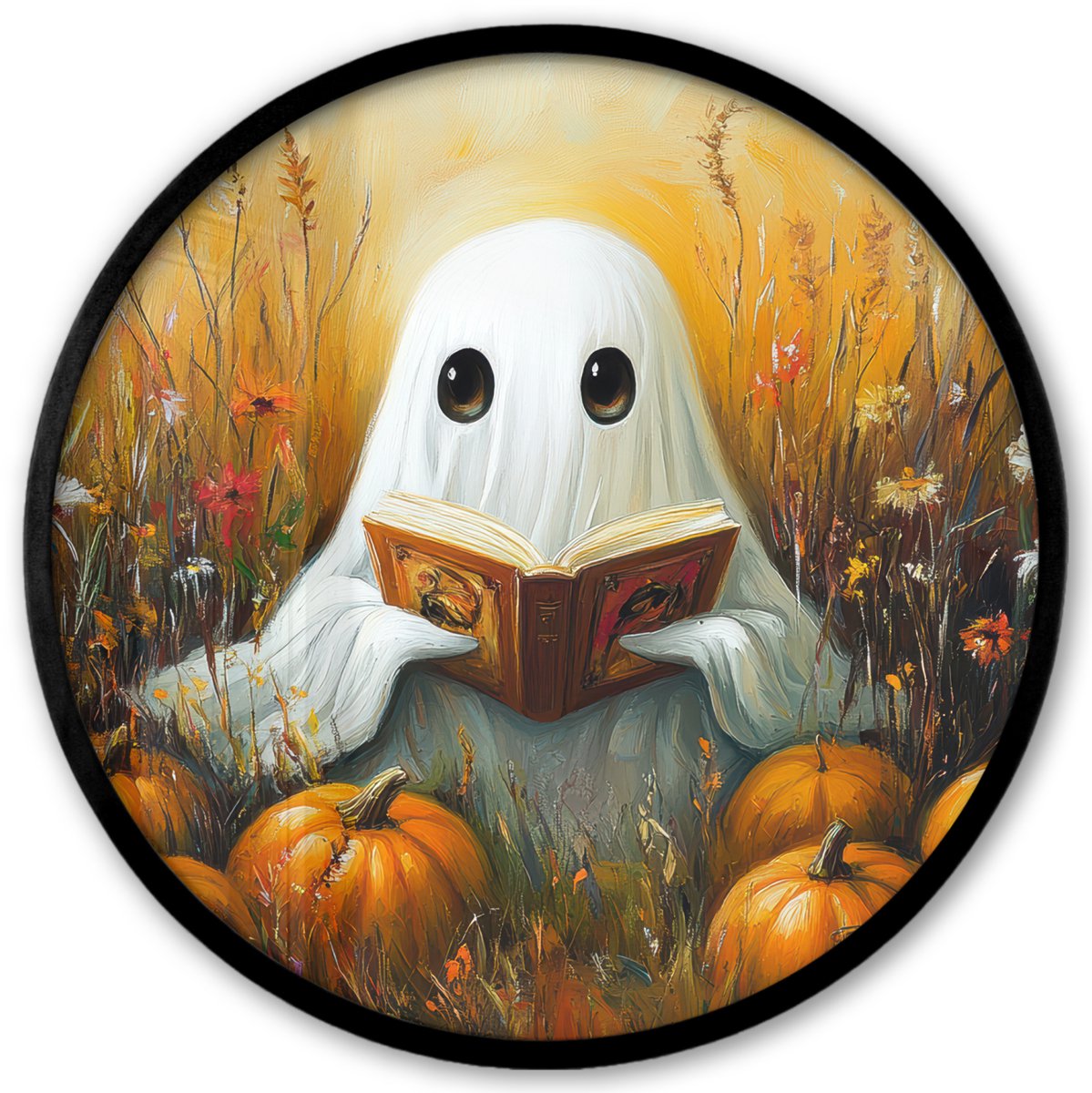 FrameYourWall Poster in lijst Rond - Fotolijst 40x40 cm - Posters - Halloween - Spook - Herfst - Pompoen - Bloemen - Natuur - Ronde posterlijst zwart - Decoratie - Wanddecoratie woonkamer - Muurdecoratie slaapkamer Oranje