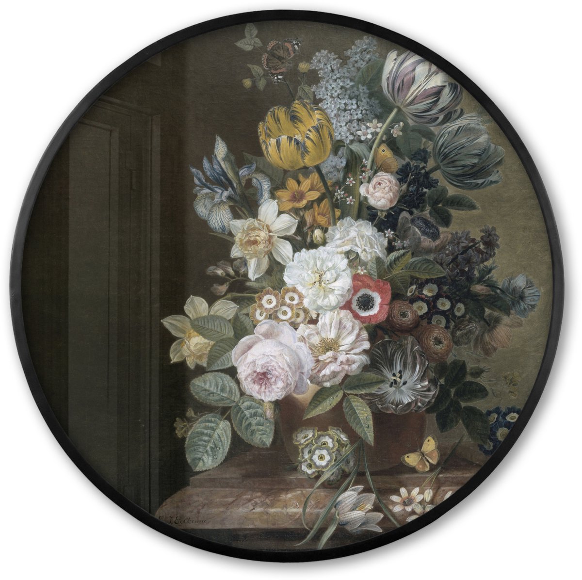 FrameYourWall Poster in lijst Rond - Fotolijst 60x60 cm - Posters - Bloemen - Eelke Jelles Eelkema - Oude meesters - Ronde posterlijst zwart - Decoratie - Wanddecoratie woonkamer - Muurdecoratie slaapkamer Stilleven - Bloemen