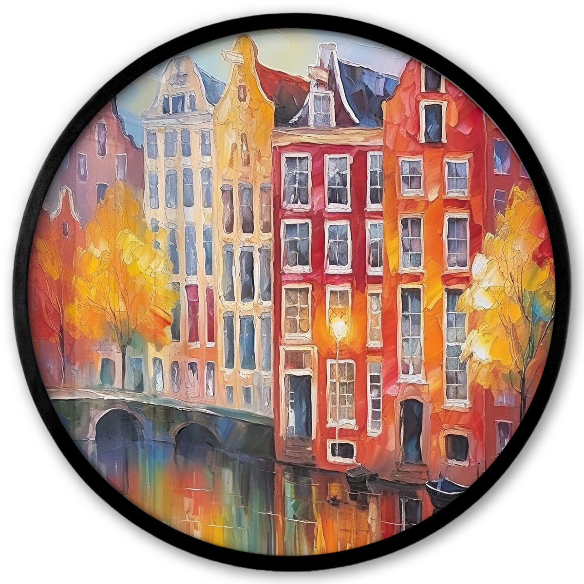 FrameYourWall Poster in lijst Rond - Fotolijst 40x40 cm - Posters - Grachtenpanden - Kunst - Schilderij - Amsterdam - Ronde posterlijst zwart - Decoratie - Wanddecoratie woonkamer - Muurdecoratie slaapkamer Verf - Grachtenpanden