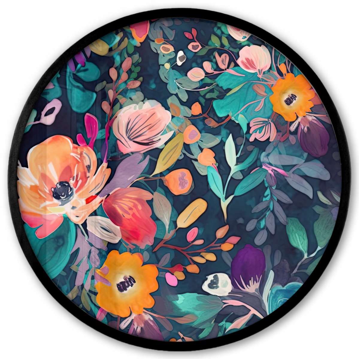 FrameYourWall Poster in lijst Rond - Fotolijst 40x40 cm - Posters - Kleurrijk - Bloemen - Kunst - Natuur - Hippie - Ronde posterlijst zwart - Decoratie - Wanddecoratie woonkamer - Muurdecoratie slaapkamer Multicolor