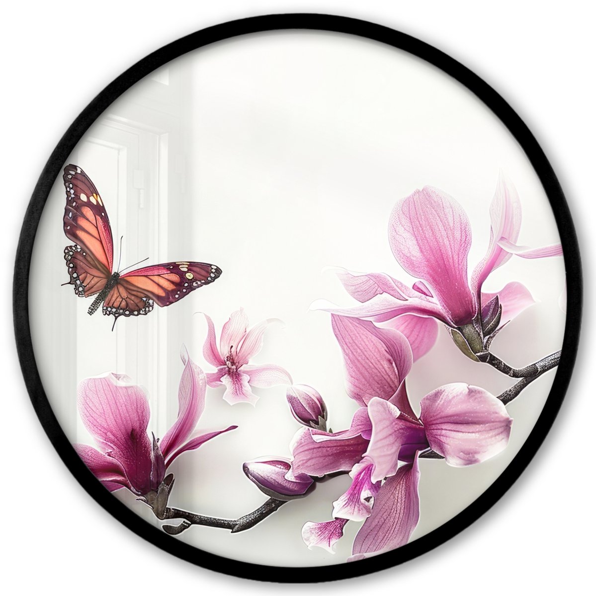 FrameYourWall Poster in lijst Rond - Fotolijst 40x40 cm - Posters - Bloesem - Vlinder - Roze - Natuur - Wit - Ronde posterlijst zwart - Decoratie - Wanddecoratie woonkamer - Muurdecoratie slaapkamer Bloem - Vlinder
