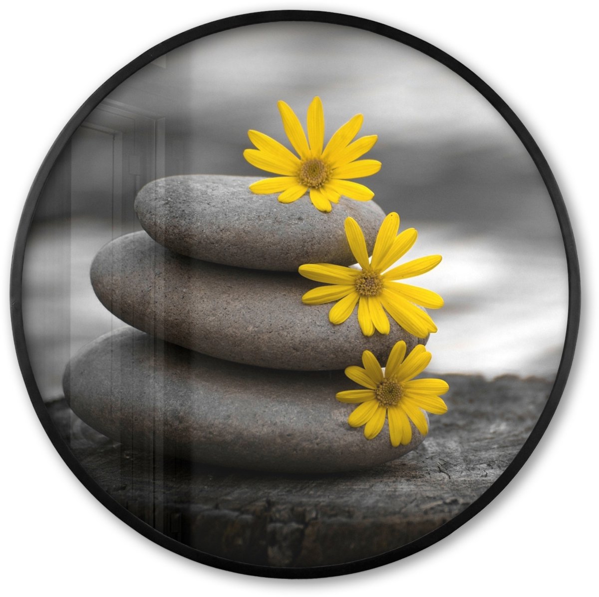 FrameYourWall Poster in lijst Rond - Fotolijst 80x80 cm - Posters - Zen stenen - Bloemen - Geel - Natuur - Ronde posterlijst zwart - Decoratie - Wanddecoratie woonkamer - Muurdecoratie slaapkamer