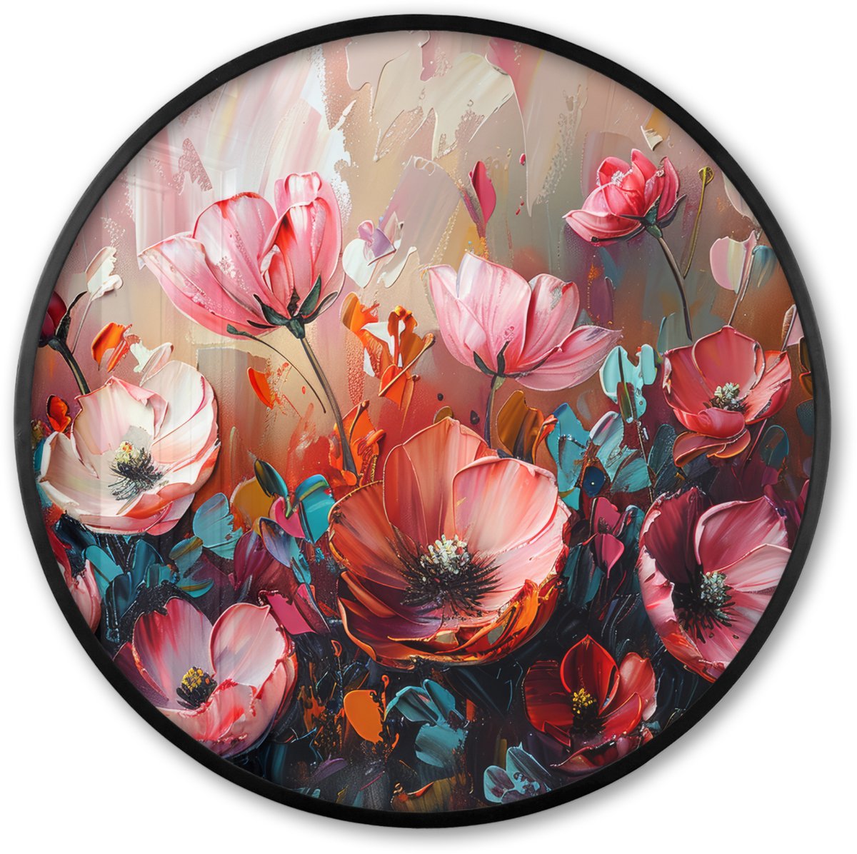 FrameYourWall Poster in lijst Rond - Fotolijst 80x80 cm - Posters - Klaprozen - Roze - Bloemen - Botanisch - Kunst - Ronde posterlijst zwart - Decoratie - Wanddecoratie woonkamer - Muurdecoratie slaapkamer