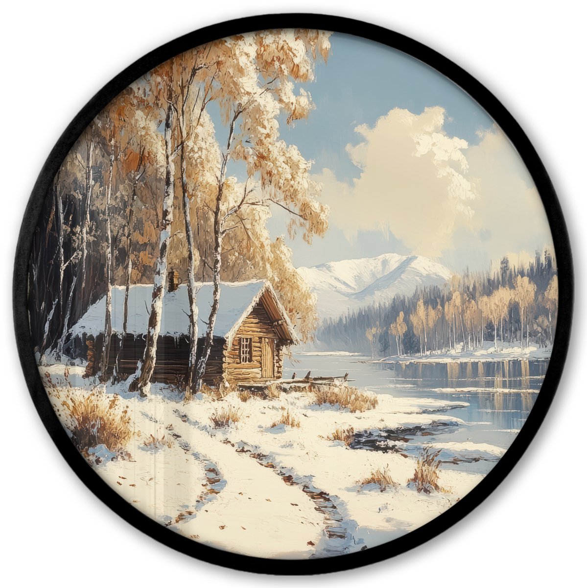 FrameYourWall Poster in lijst Rond - Fotolijst 40x40 cm - Posters - Winter - Sneeuw - Huis - Natuur - Ronde posterlijst zwart - Decoratie - Wanddecoratie woonkamer - Muurdecoratie slaapkamer Winter - Meer - Huis