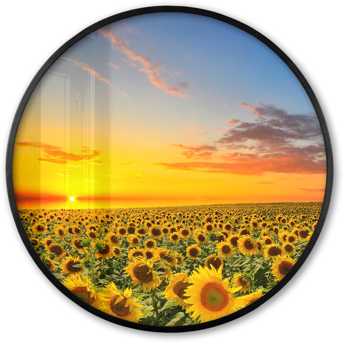 FrameYourWall Poster in lijst Rond - Fotolijst 60x60 cm - Posters - Bloemen - Zonnebloem - Zonsondergang - Nacht - Oranje - Ronde posterlijst zwart - Decoratie - Wanddecoratie woonkamer - Muurdecoratie slaapkamer Bloemen - Zonnebloemen - Veld